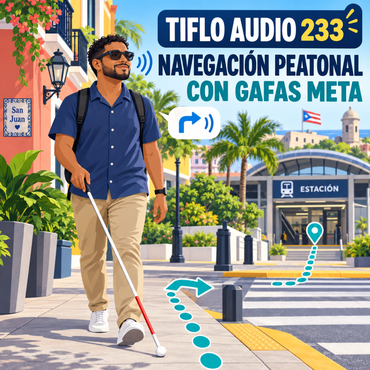 Dibujo que representa una persona ciega usando las gafas Meta y caminando con su bastón con la alternativa de la navegación GPS peatonal.