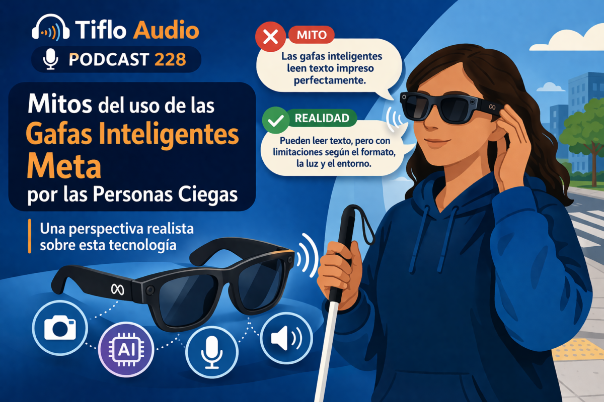 Ilustración que promociona el episodio 228 de Tiflo Audio Podcast con el tema de los mitos y realidades de las gafas inteligentes Meta para las personas ciegas.